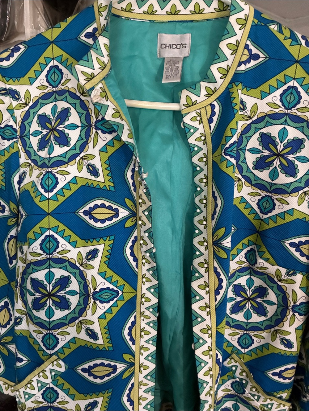 Chico's Vibrant  Turquoise, Blue & Green Geometric Print Jacket Size 1